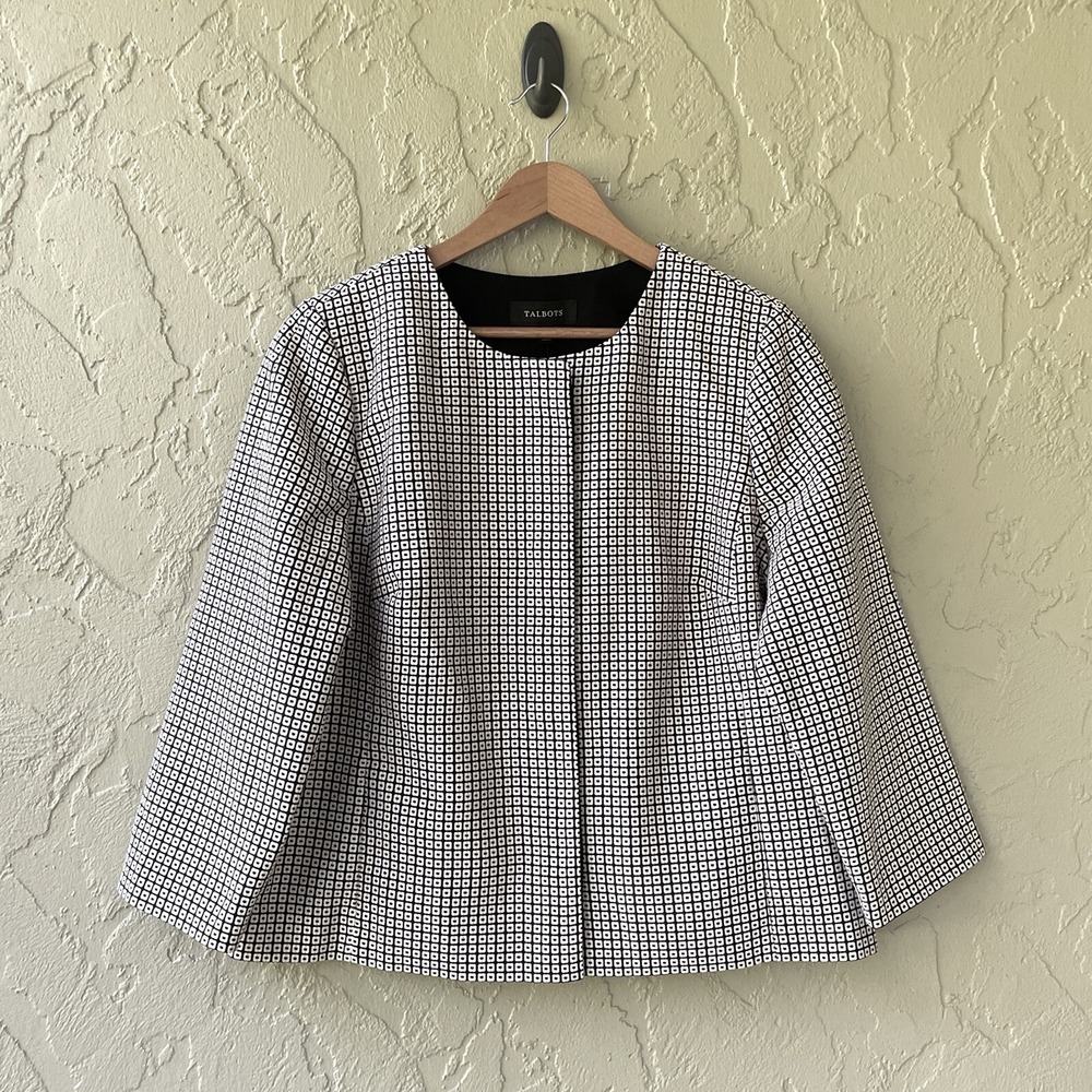 Talbots Women's Size 16 Black White Multicolor Geo 3/4 Sleeves Blazer Jacket NWT